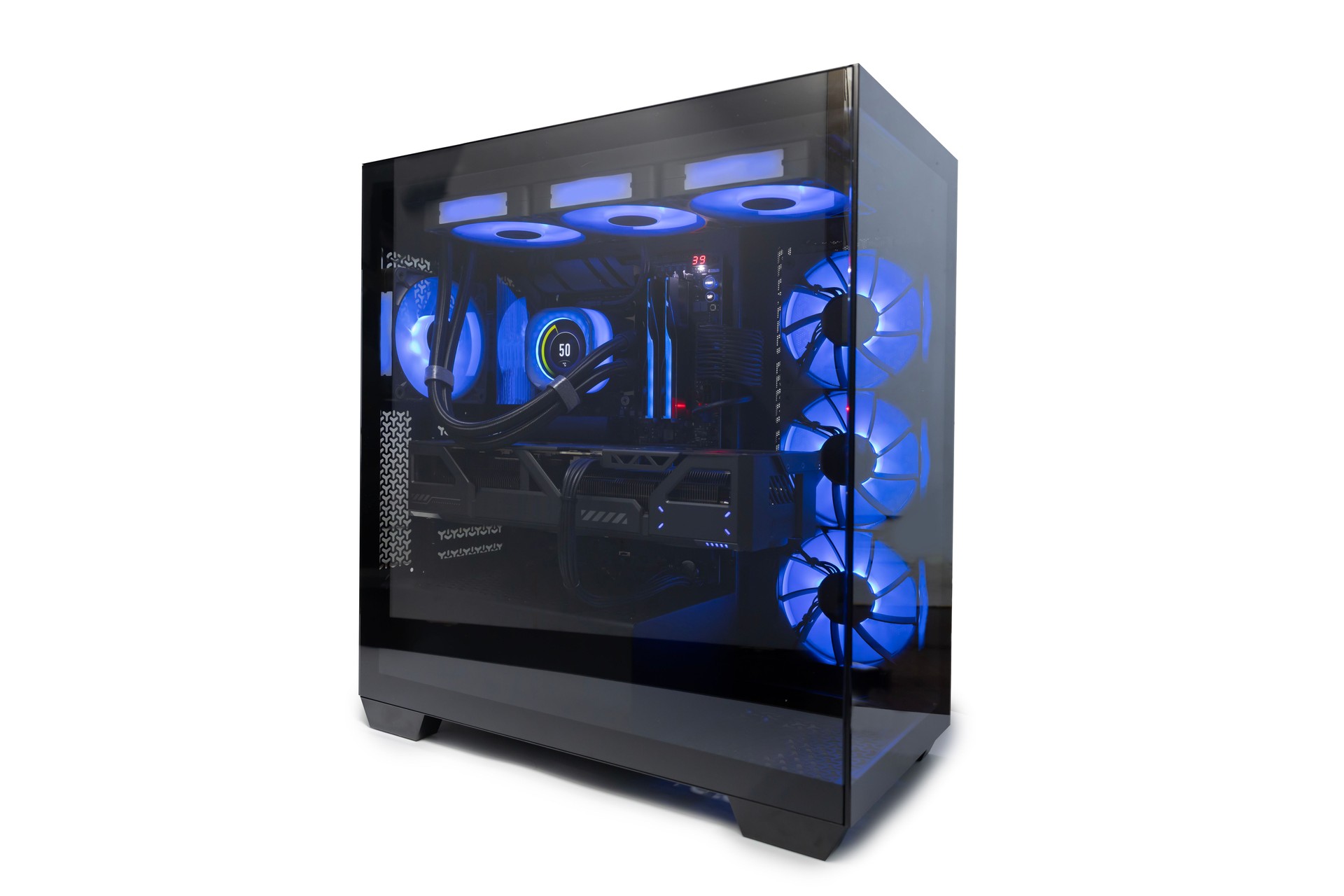 Isolated black destop computer middle size tower with blue LED RGB light